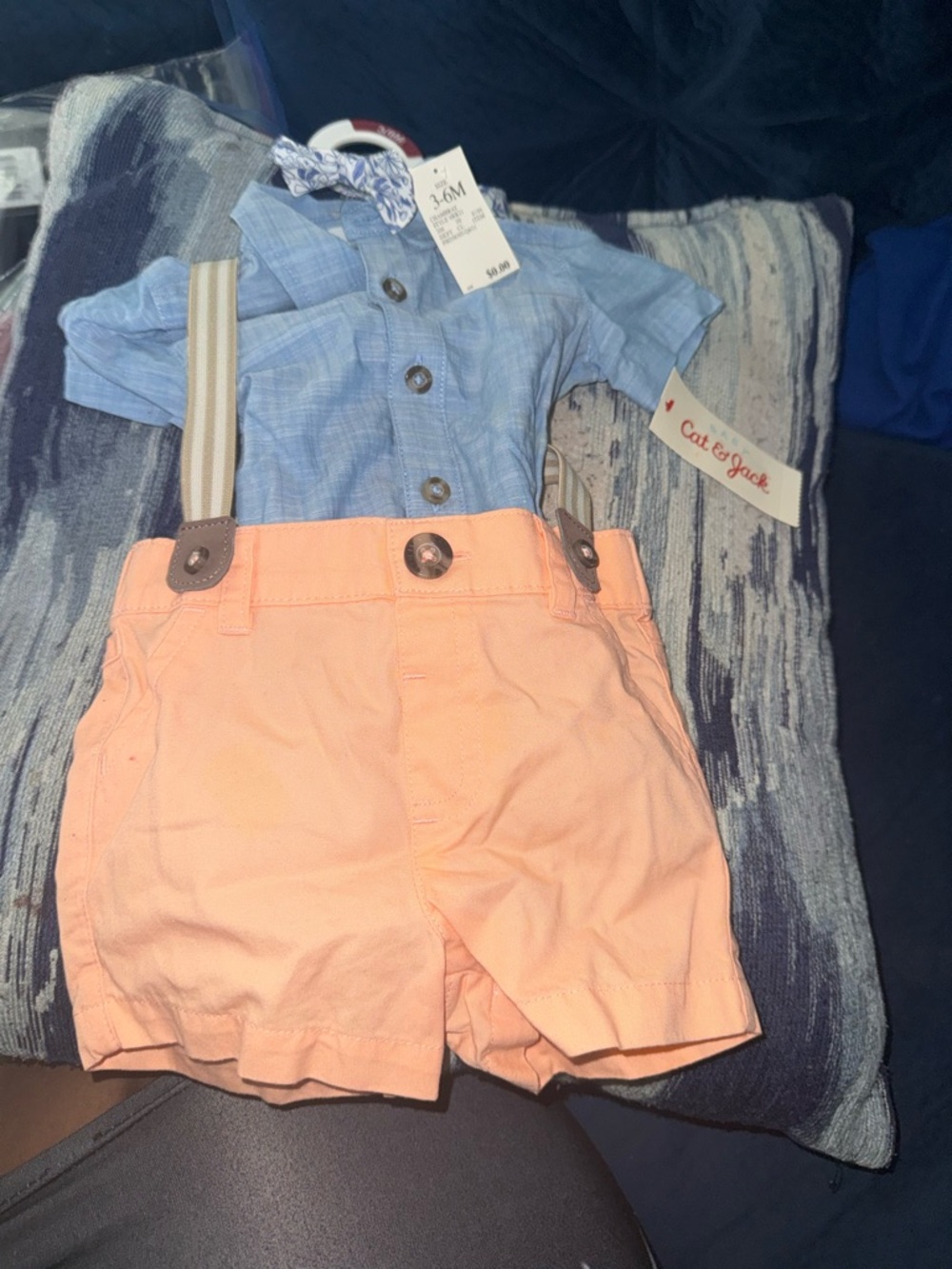 Cat & Jack Light Blue Shirt with Peach Shorts and Striped Suspenders